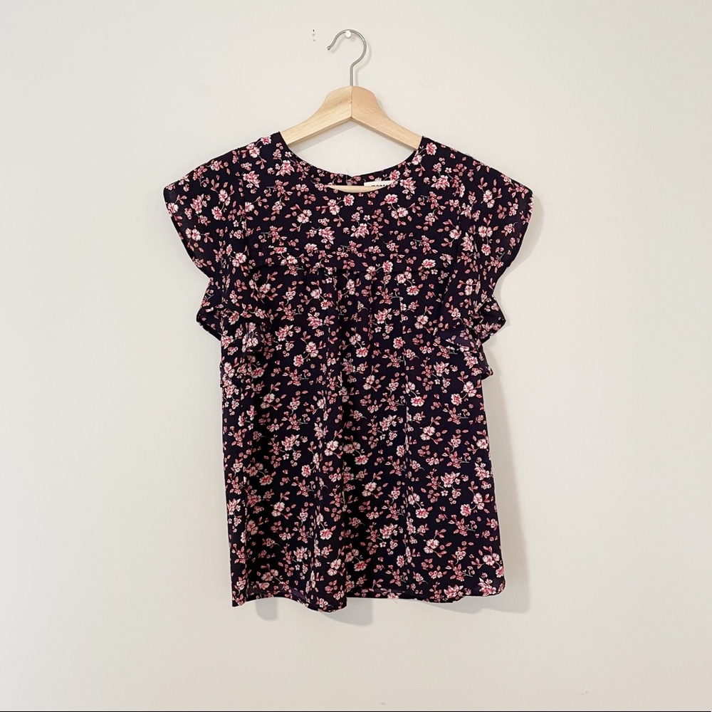 Monteau Blue, Red & White Floral Short Sleeve Blouse Shirt
